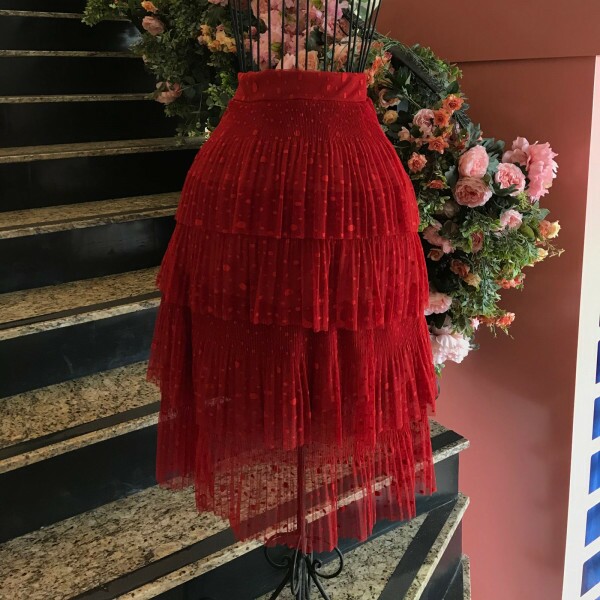 Saia de Tulle de Malha com Poá Vermelha